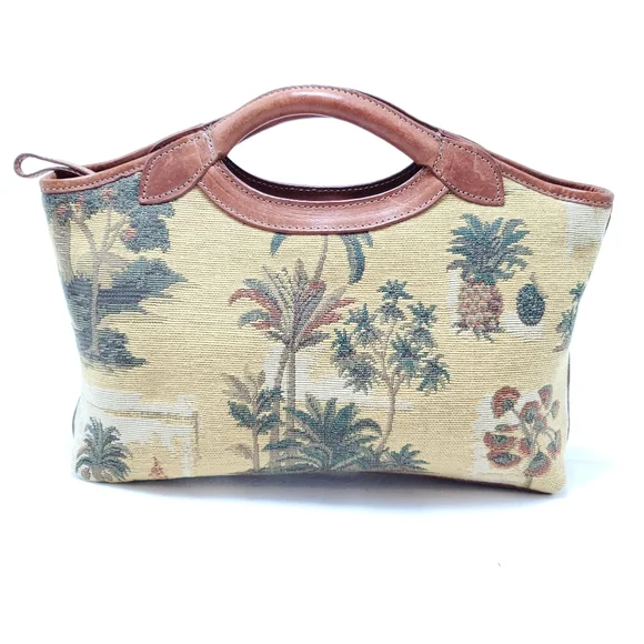 Tommy Bahama Tapestry palm tree printed clutch purse w/leather handles & trim - Picture 1 of 7